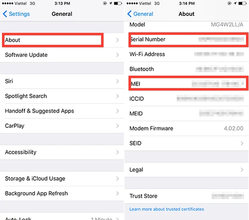 Xem thông tin IMEI và Series Number trong phần Settings. kiem-tra-icloud-luu-y-bat-buoc-khi-mua-iphone-cu-2