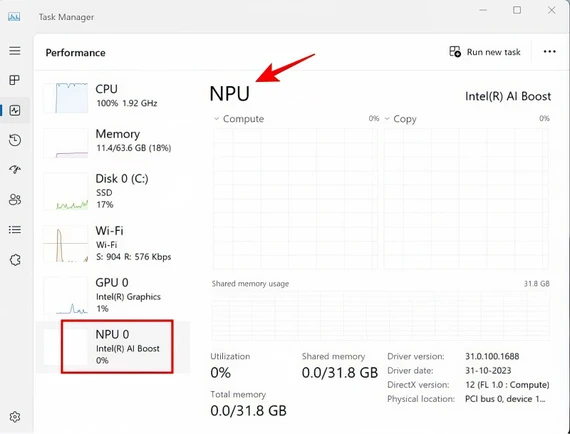Mục NPU xuất hiện trong Task Manager nghĩa là máy tính có hỗ trợ AI. Ảnh: Dell