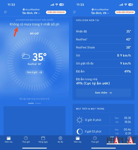 Accuweather sẽ hiển thị nhiệt độ hiện tại và dự báo thời gian có mưa. Ảnh: MINH HOÀNG