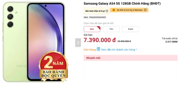 Điện thoại Samsung giá rẻ Galaxy A54 5G được hỗ trợ cập nhật hệ điều hành 4 năm liên tục. Ảnh chụp màn hình