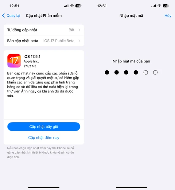 Bản cập nhật iOS 17.5.1 có dung lượng gần 300 MB. Ảnh: TIỂU MINH