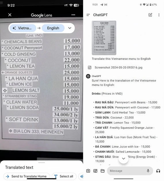Kết quả Google Dịch hình ảnh (trái) và ChatGPT dịch hình ảnh (phải).