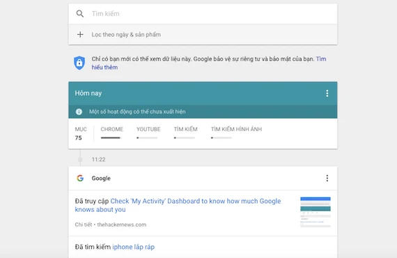 My Activity liệt kê đầy đủ các thông tin mà người dùng tìm kiếm