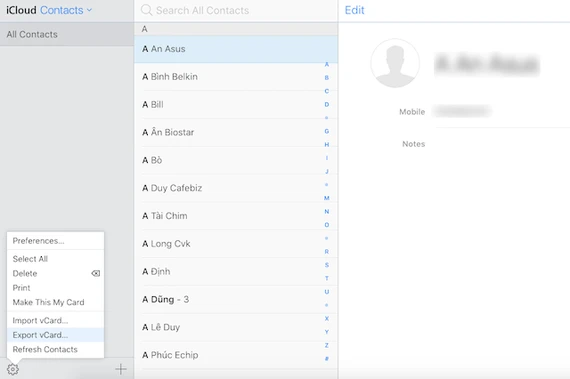Xuất toàn bộ danh bạ ra file vCard