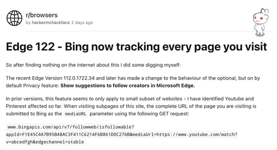 edge gửi dữ liệu người dùng đến bing