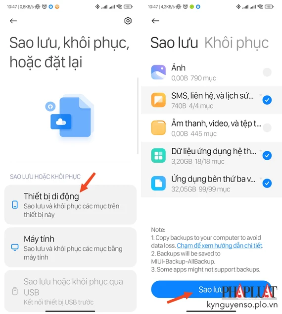 Sao lưu dữ liệu tin nhắn, hình ảnh, âm thanh… trên điện thoại Android. Ảnh: TIỂU MINH Sao lưu dữ liệu tin nhắn, hình ảnh, âm thanh… trên điện thoại Android. Ảnh: TIỂU MINH