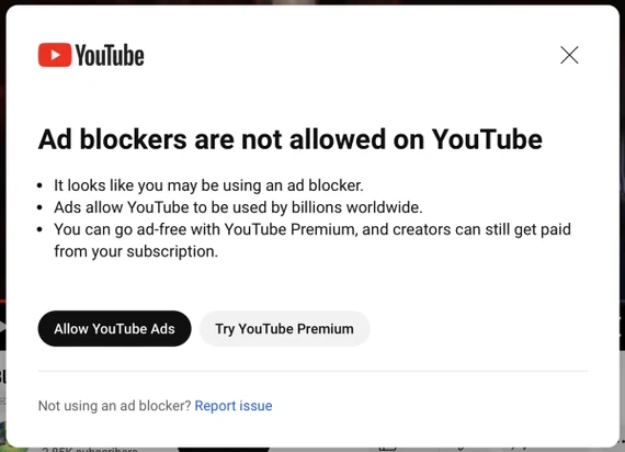 YouTube hiển thị lời nhắc yêu cầu người dùng cho phép quảng cáo. Ảnh: TIỂU MINH YouTube hiển thị lời nhắc yêu cầu người dùng cho phép quảng cáo. Ảnh: TIỂU MINH