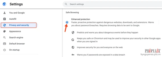 Bật tính năng duyệt web an toàn trên trình duyệt Chrome để hạn chế bị lừa đảo. Ảnh: TIỂU MINH Bật tính năng duyệt web an toàn trên trình duyệt Chrome để hạn chế bị lừa đảo