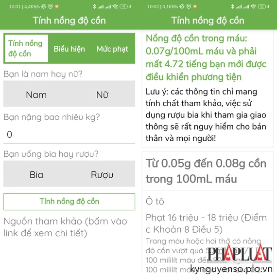 Ước tính nồng độ cồn trong máu. Ảnh: MINH HOÀNG Ước tính nồng độ cồn trong máu. Ảnh: MINH HOÀNG