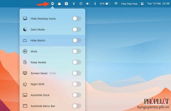 Bật tắt nhanh các tính năng hữu ích trên máy Mac bằng OnlySwitch. Ảnh: MINH HOÀNG Bật tắt nhanh các tính năng hữu ích trên máy Mac bằng OnlySwitch. Ảnh: MINH HOÀNG