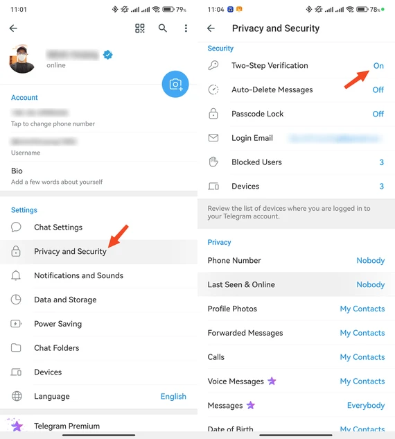 Bật tính năng xác thực 2 lớp để bảo vệ tài khoản Telegram tốt hơn. Ảnh: TIỂU MINH Bật tính năng xác thực 2 lớp để bảo vệ tài khoản Telegram tốt hơn. Ảnh: TIỂU MINH