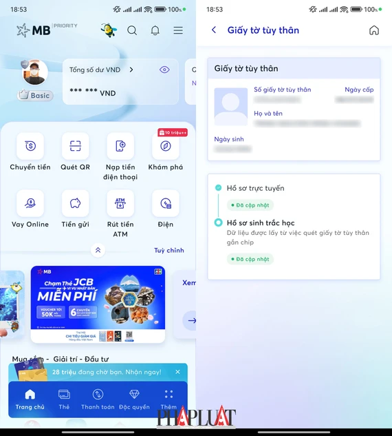 Xác thực sinh trắc học bằng ứng dụng VNeID trên MB Bank. Ảnh: TIỂU MINH Xác thực sinh trắc học bằng ứng dụng VNeID trên MB Bank. Ảnh: TIỂU MINH