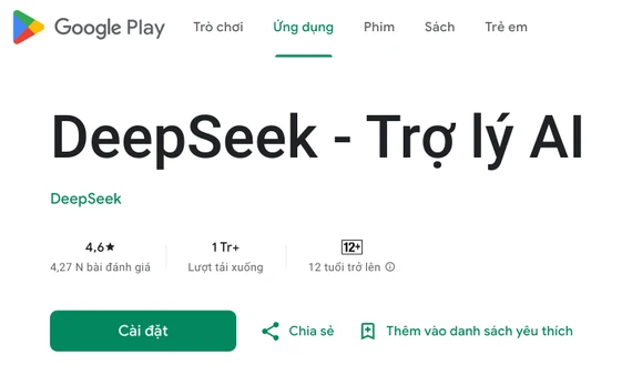 Công cụ DeepSeek AI leo lên vị trí số 1 trong danh mục ứng dụng năng suất. Ảnh: TIỂU MINH Công cụ DeepSeek AI leo lên vị trí số 1 trong danh mục ứng dụng năng suất. Ảnh: TIỂU MINH