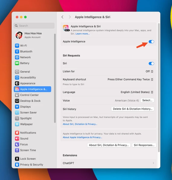 Tắt Apple Intelligence trên máy Mac để tiết kiệm không gian lưu trữ. Ảnh: MINH HOÀNG Tắt Apple Intelligence trên máy Mac để tiết kiệm không gian lưu trữ. Ảnh: MINH HOÀNG