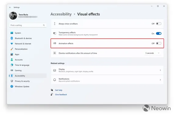Tắt các hiệu ứng hình ảnh trên Windows 11. Ảnh: Neowin