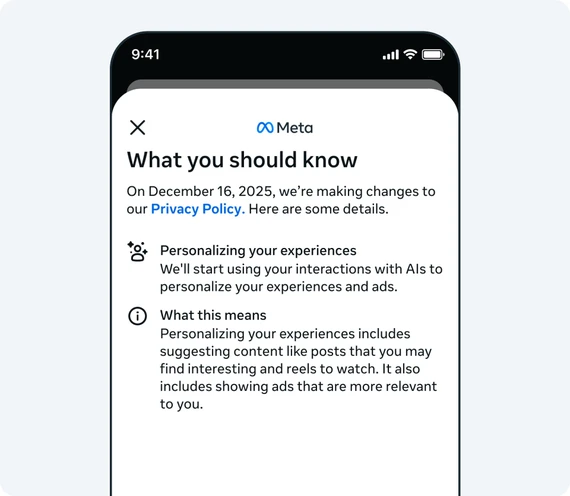 Việc Meta AI thu thập dữ liệu người dùng sẽ bắt đầu từ ngày 16-12-2025. Ảnh: Meta
