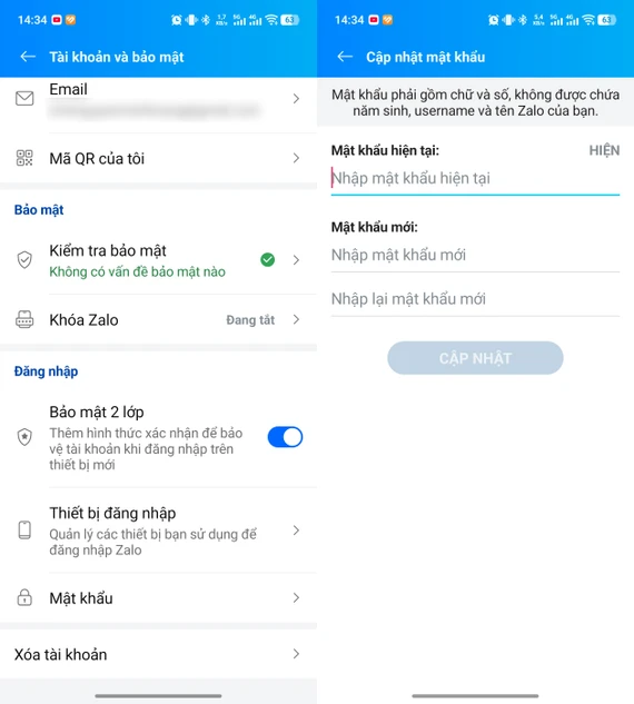 Bật xác thực 2 lớp và đặt mật khẩu mạnh cho Zalo cũng như tất cả các tài khoản quan trọng. Ảnh: TIỂU MINH Bật xác thực 2 lớp và đặt mật khẩu mạnh cho Zalo cũng như tất cả các tài khoản quan trọng. Ảnh: TIỂU MINH