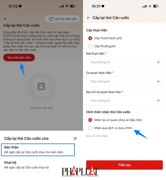 Tạo yêu cầu cấp lại thẻ căn cước. Ảnh: MINH HOÀNG cach-lam-the-can-cuoc-qua-ung-dung-vneid-2-5277-3126jpg-2318-2243jpeg-3618-4380.jpeg.jpeg