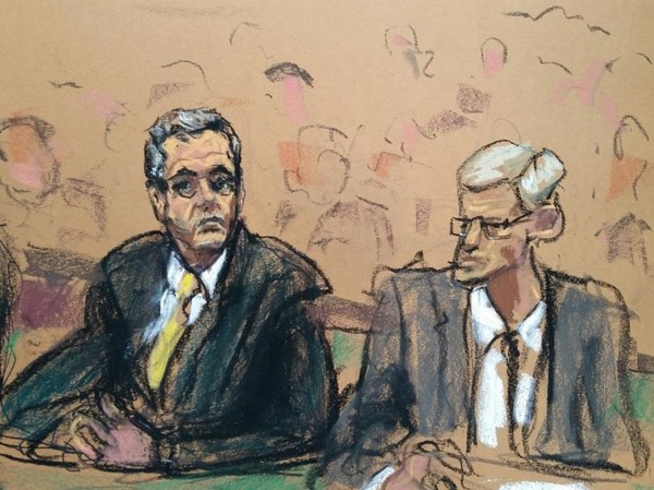 Ảnh phác họa ông Cohen (trái) tại tòa án liên bang ở New York (Mỹ) ngày 21-8. Ảnh: REUTERS