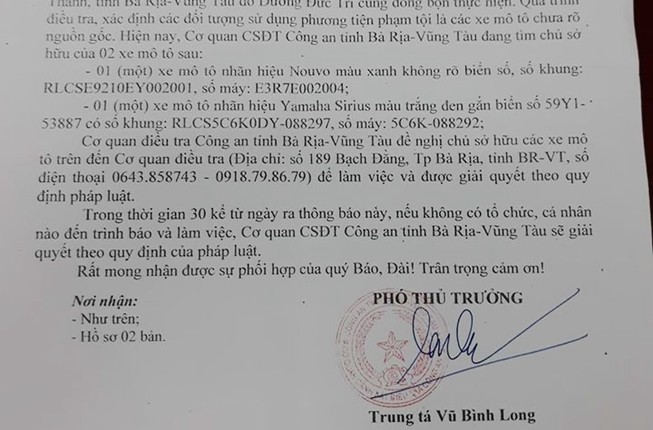 Tìm chủ 2 xe máy bỏ ở Bà Rịa-Vũng Tàu