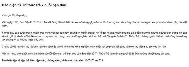 Báo điện tử Trí thức trẻ xin lỗi bạn đọc