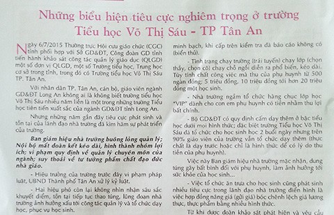 Tạp chí của Sở GD&ĐT Long An ‘kết án’ sai một trường tiểu học?
