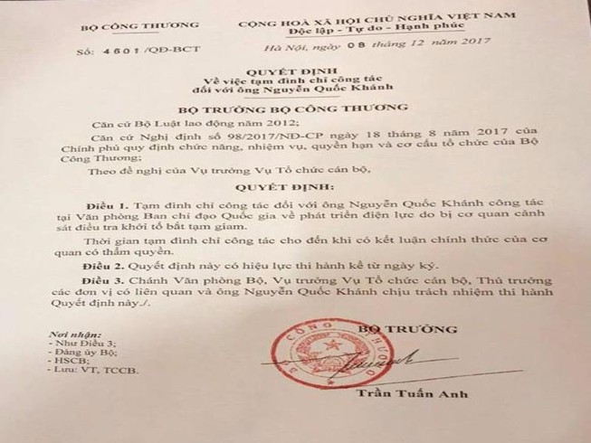 Tạm đình chỉ công tác ông Nguyễn Quốc Khánh
