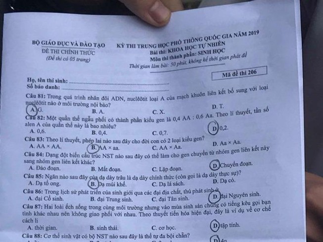 Đề thi và gợi ý môn Sinh kỳ thi THPT quốc gia 2019