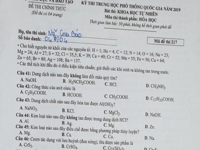 Đề thi và gợi ý giải môn Hóa kỳ thi THPT quốc gia 2019
