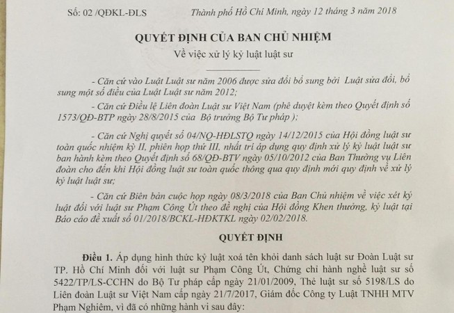 Xóa tên luật sư Phạm Công Út khỏi Đoàn Luật sư TP.HCM