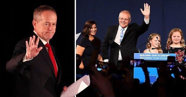 Lãnh đạo Đảng Lao động Bill Shorten (trái) và thủ tướng Scott Morrison cùng vợ con (phải). Ảnh: GETTY