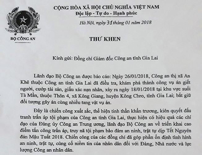 Phá án nhanh, Gia Lai được Bộ Công an khen