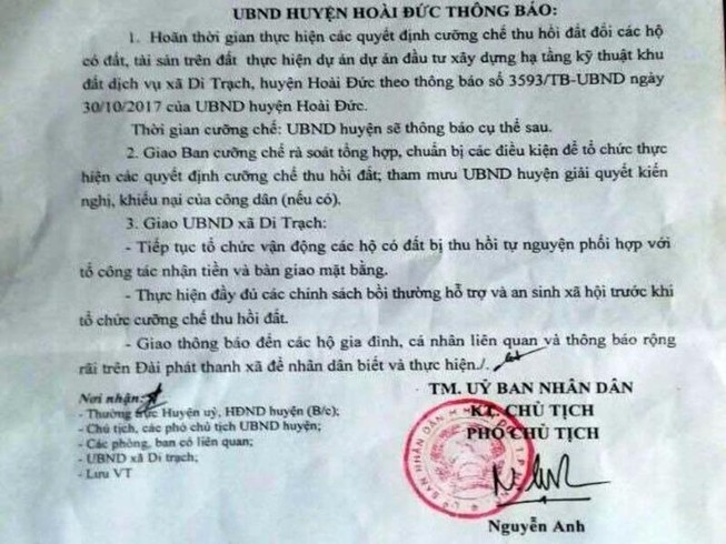 Hà Nội: Huyện Hoài Đức hoãn cưỡng chế thu hồi đất