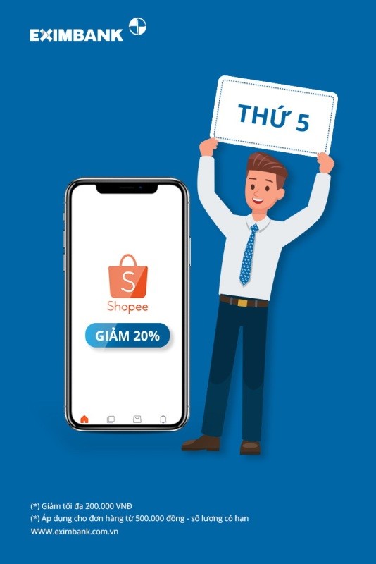 Shopee ưu đãi 20% khi dùng thẻ quốc tế Eximbank