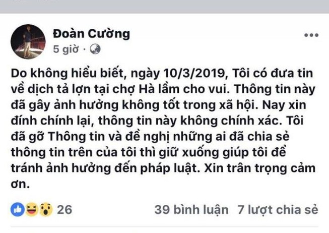 Tung tin thất thiệt dịch tả lợn châu Phi, facebooker bị xử lý