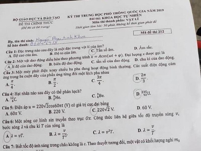 Đề thi và gợi ý môn Vật lý kỳ thi THPT Quốc gia 2019