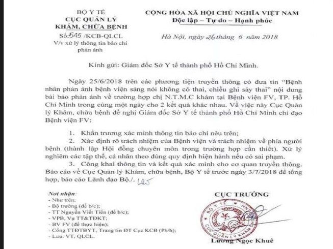 Cục Quản lý khám chữa bệnh yêu cầu làm rõ trách nhiệm BV FV