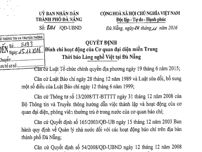 Đình chỉ cơ quan đại diện Thời báo Làng Nghề Việt