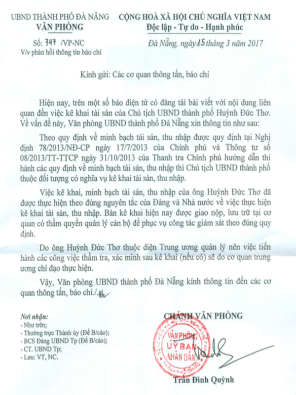 Đà Nẵng phản hồi về bản kê khai tài sản của chủ tịch TP
