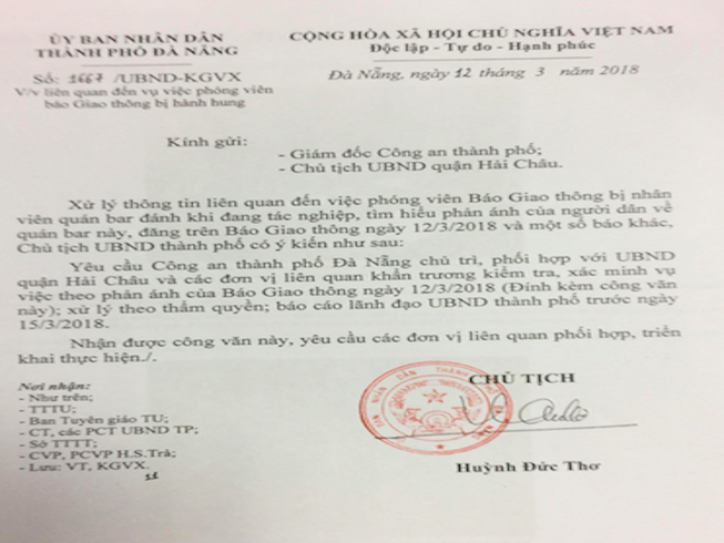 Chủ tịch Đà Nẵng chỉ đạo xử lý vụ hành hung PV