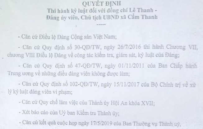 Cách hết chức vụ trong Đảng 1 chủ tịch xã ở Hội An