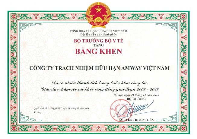Amway Việt Nam nhận bằng khen của Bộ Y tế