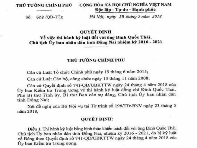 Chủ tịch UBND Đồng Nai bị kỷ luật khiển trách