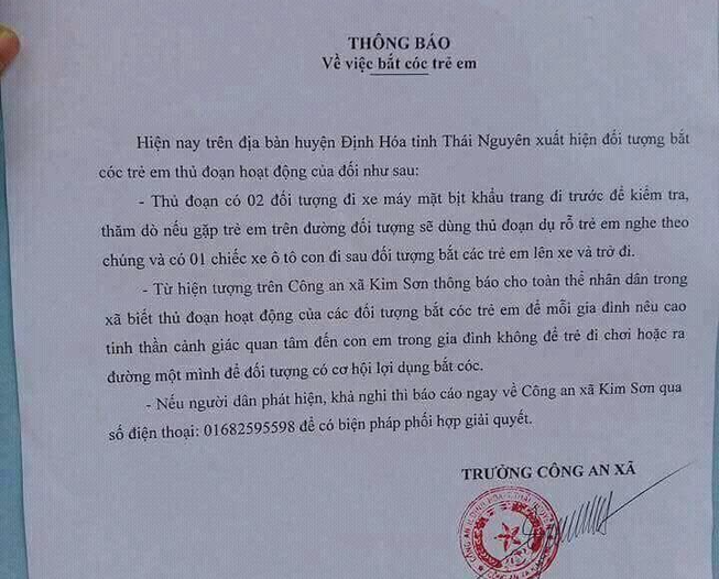 Trưởng công an xã ra thông báo 'bắt cóc' gây hoang mang