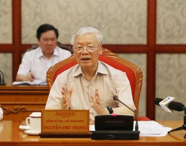 Tổng Bí thư, Chủ tịch nước Nguyễn Phú Trọng phát biểu kết luận buổi họp lãnh đạo chủ chốt của Đảng và Nhà nước. (Ảnh: Trí Dũng/TTXVN)