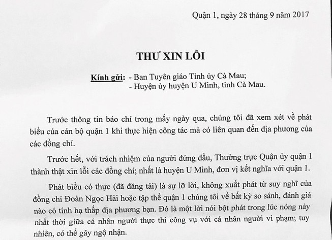 Quận 1 gửi thư xin lỗi Cà Mau vì phát ngôn của ông Hải