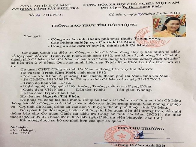 Công an truy tìm nữ hiệu trưởng Cà Mau trốn nợ