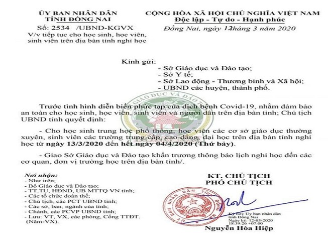 Đồng Nai: Thông báo cho tất cả học sinh nghỉ vì dịch COVID-19