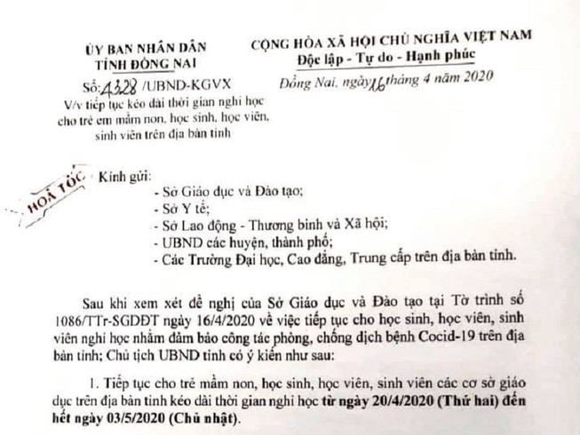 Đồng Nai cho học sinh nghỉ học đến hết ngày 3-5