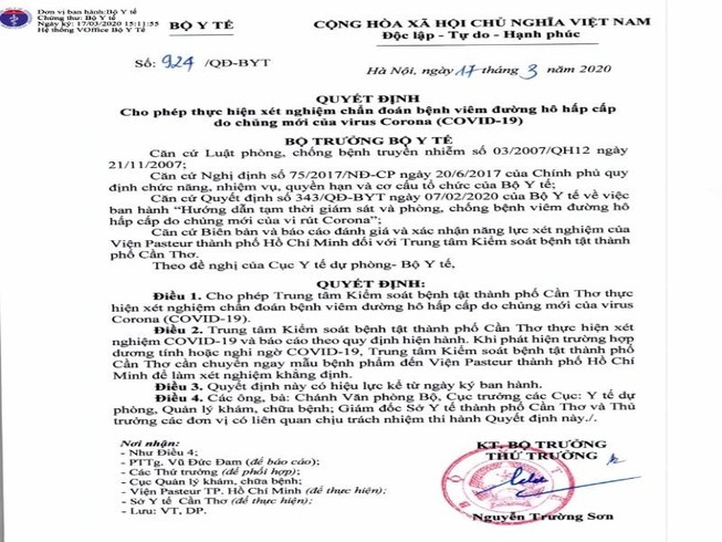 Cần Thơ chính thức được làm xét nghiệm chẩn đoán COVID-19